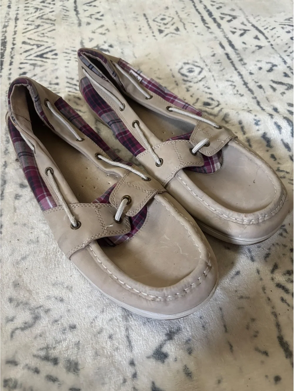 Women's Beige Leather Boat Shoes with Plaid Interior, Size US 12W